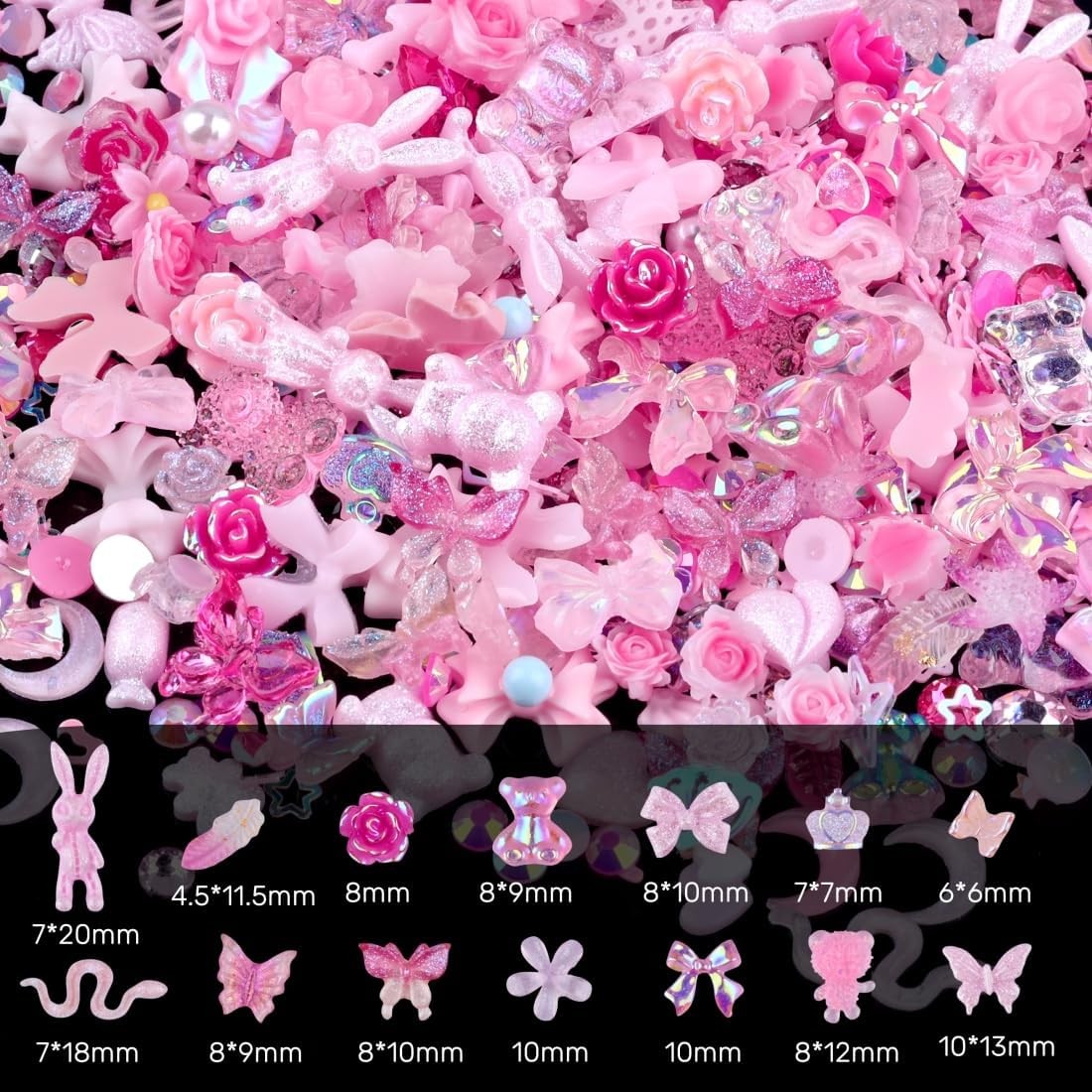 300pcs Nail Art Charms Kit with Resin Gems & Pink Decorations for Manicure