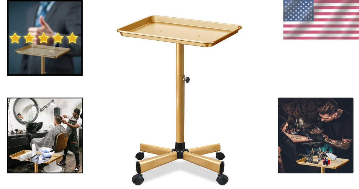 Rolling Salon Service Tray Aluminum with Adjustable Height & Smooth Wheels