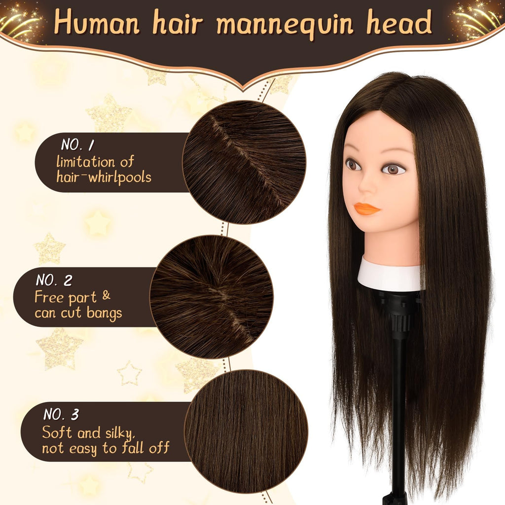 70% Human Hair Mannequin Head 26 Inch Dark Brown for Hair Styling & Practice