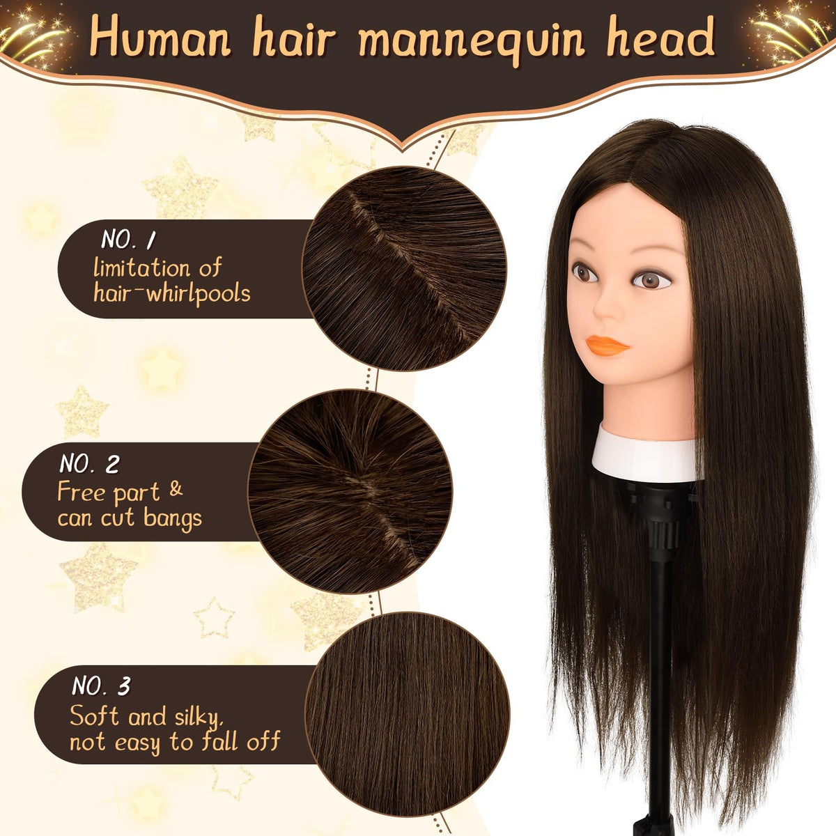 70% Human Hair Mannequin Head 26 Inch Dark Brown for Hair Styling & Practice