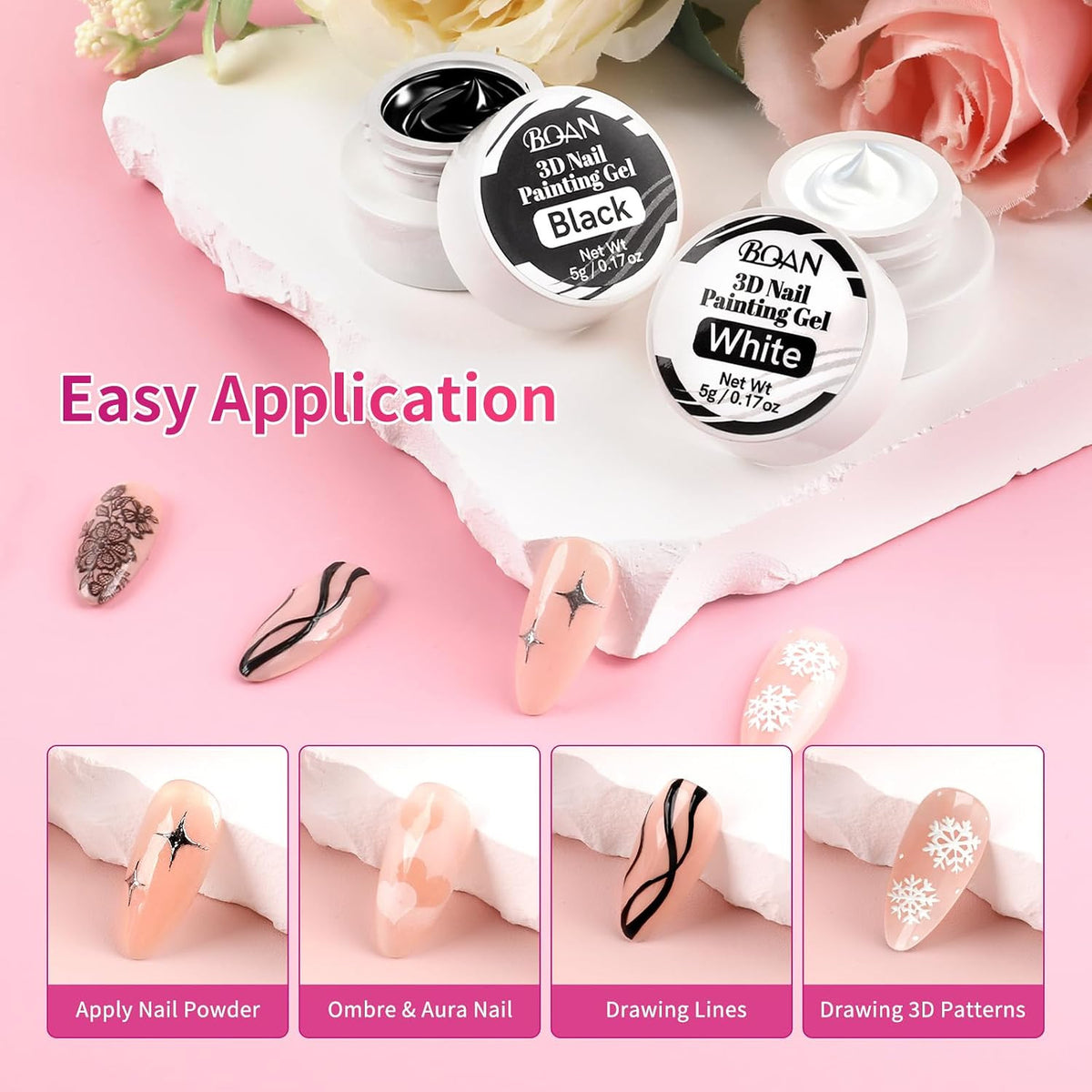 Nail Art Gel Paint Set - Black & White No Wipe Gel Polish for French Tips