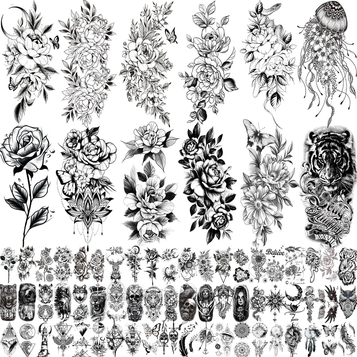 82 Sheets Waterproof Temporary Tattoos Flowers Butterfly Rose Moon Snake Set