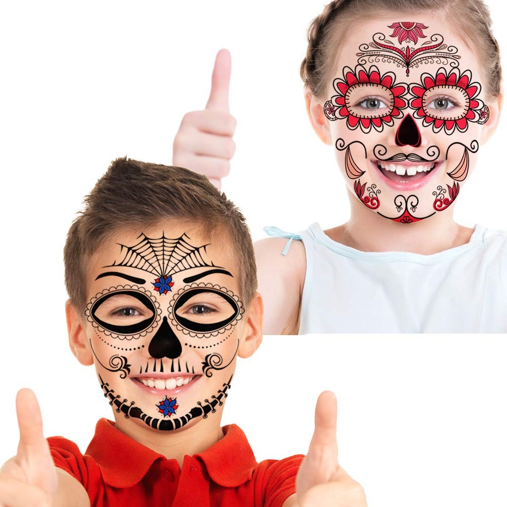 12-Pack Day of the Dead Skull Face Temporary Tattoos Kit for Halloween
