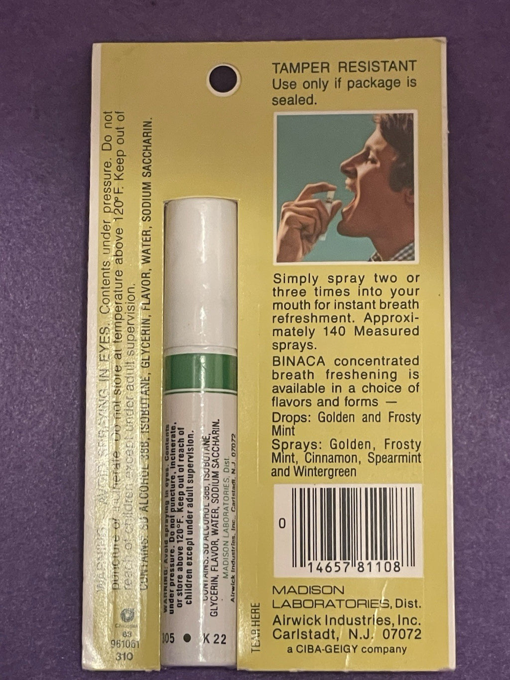 Vintage 1980s Binaca Sugar Free Spearmint Breath Spray 0.2oz 140 Sprays