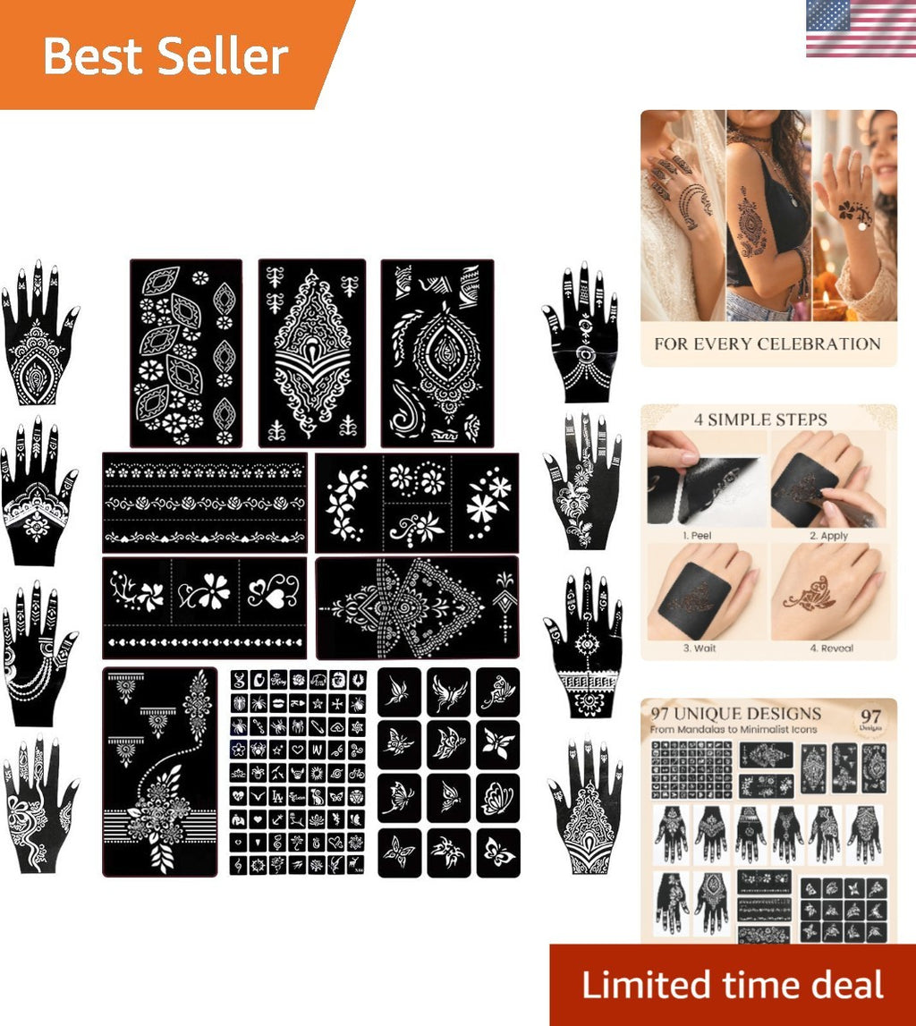 Henna Tattoo Stencil Kit – 97 Designs, Reusable Mehndi Templates, 18 Sheets