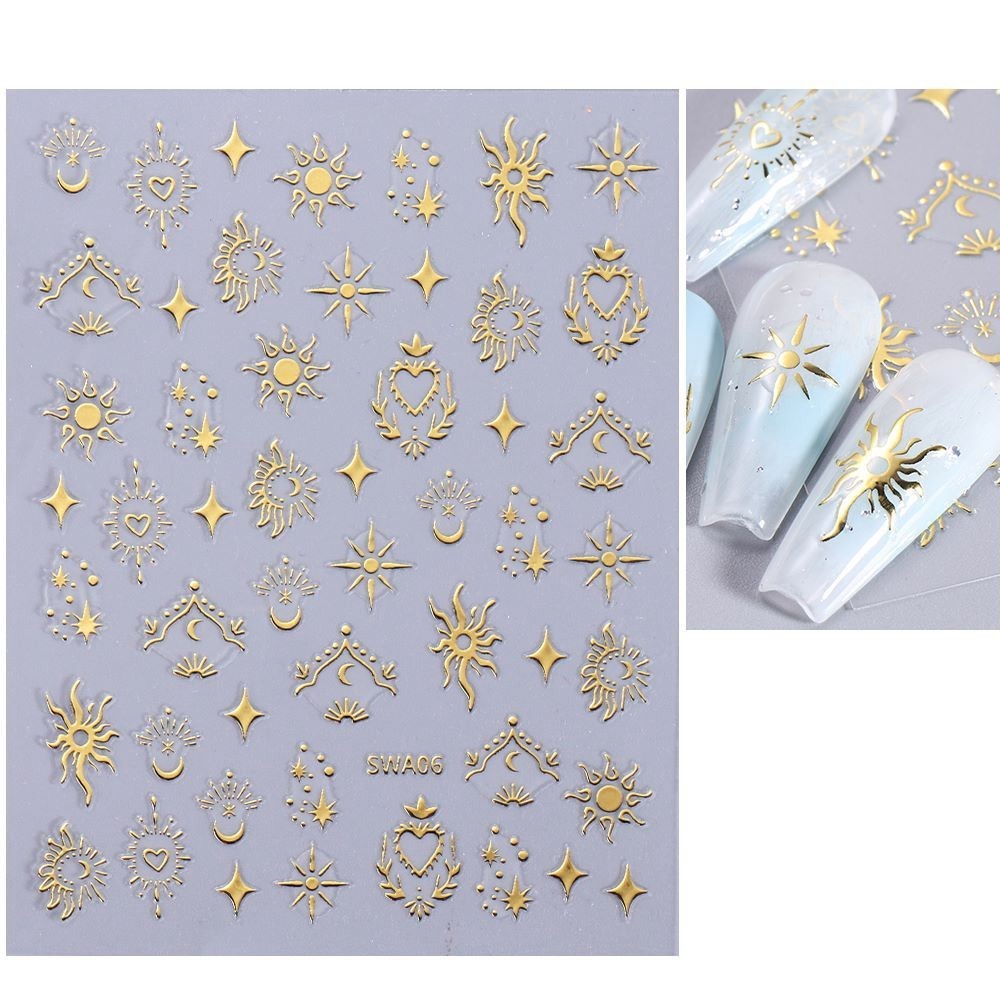 Moon Sun Nail Art Stickers Celestial Star Gold Silver Self-Adhesive Sheet