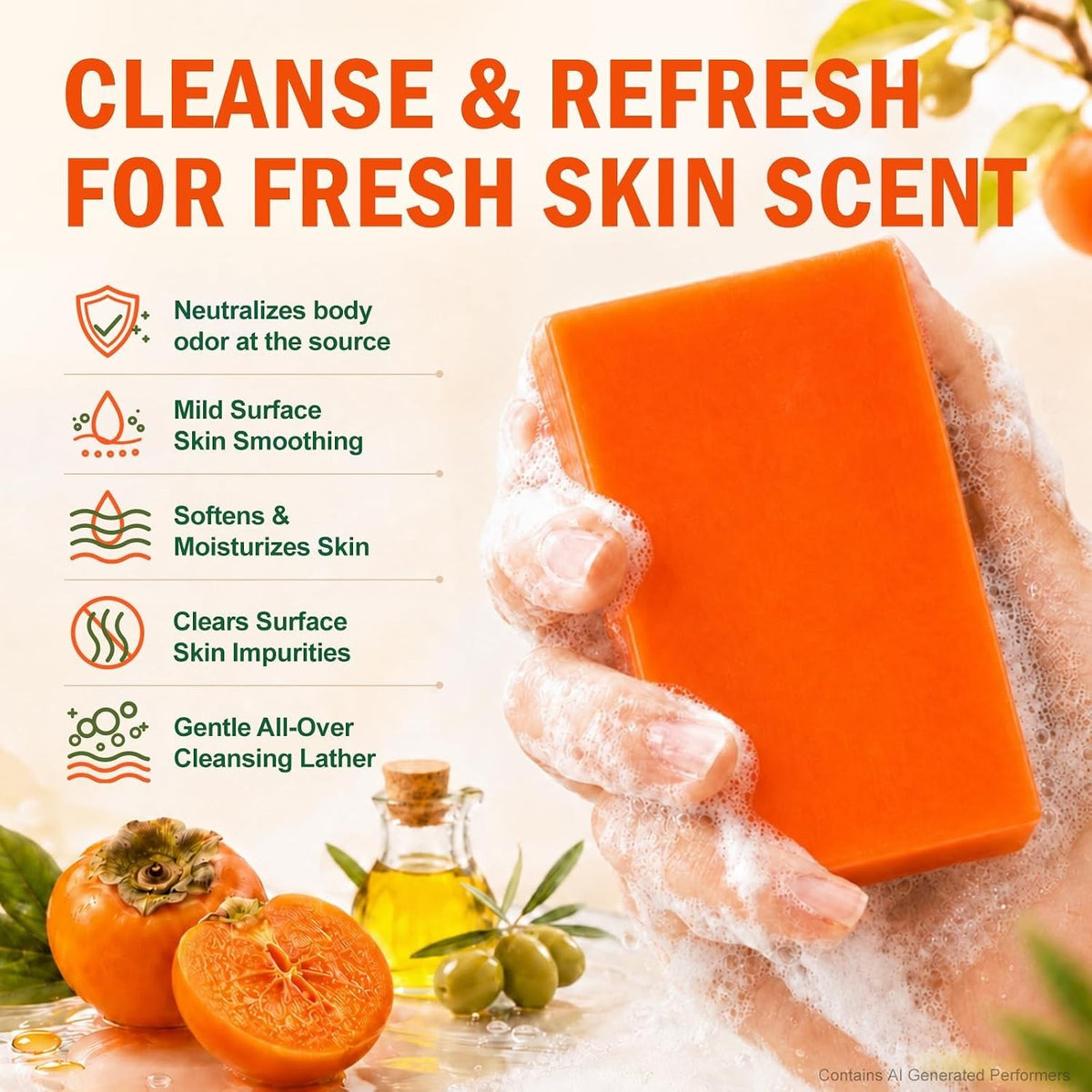 Natural Persimmon Soap Bars 80g Pack - Gentle, Hydrating Full-Body Cleanser