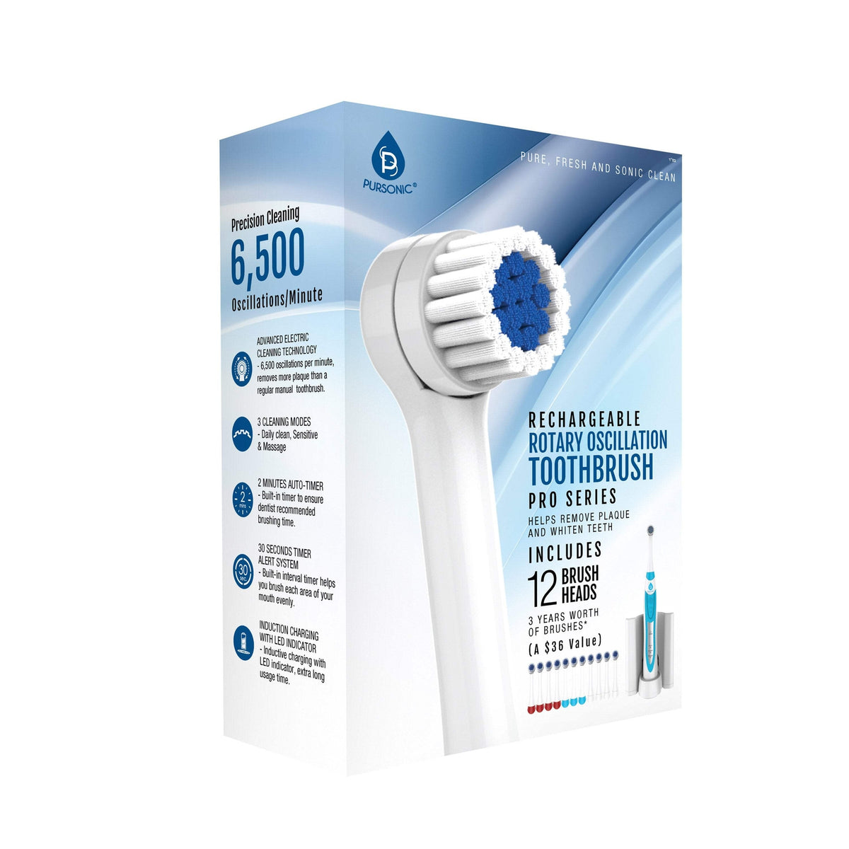 Rechargeable Rotary Oscillation Electric Toothbrush Pro Series with 12 Brush Heads