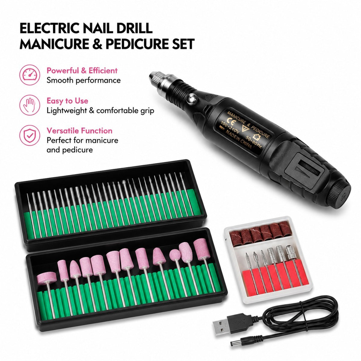 Electric Nail Grinder Set for Thick Toenails Manicure Pedicure with USB Power