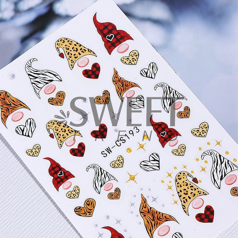 2Pcs Leopard Christmas Gnome Nail Art Stickers Self-Adhesive Decals