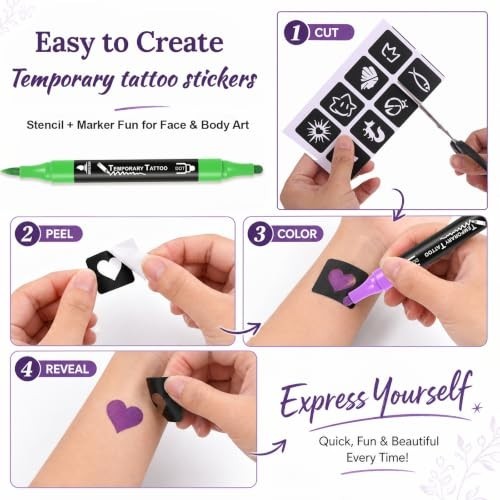 Temporary Tattoo Kit with 24 Pens, 50 Stickers & 82 Stencils for Teens