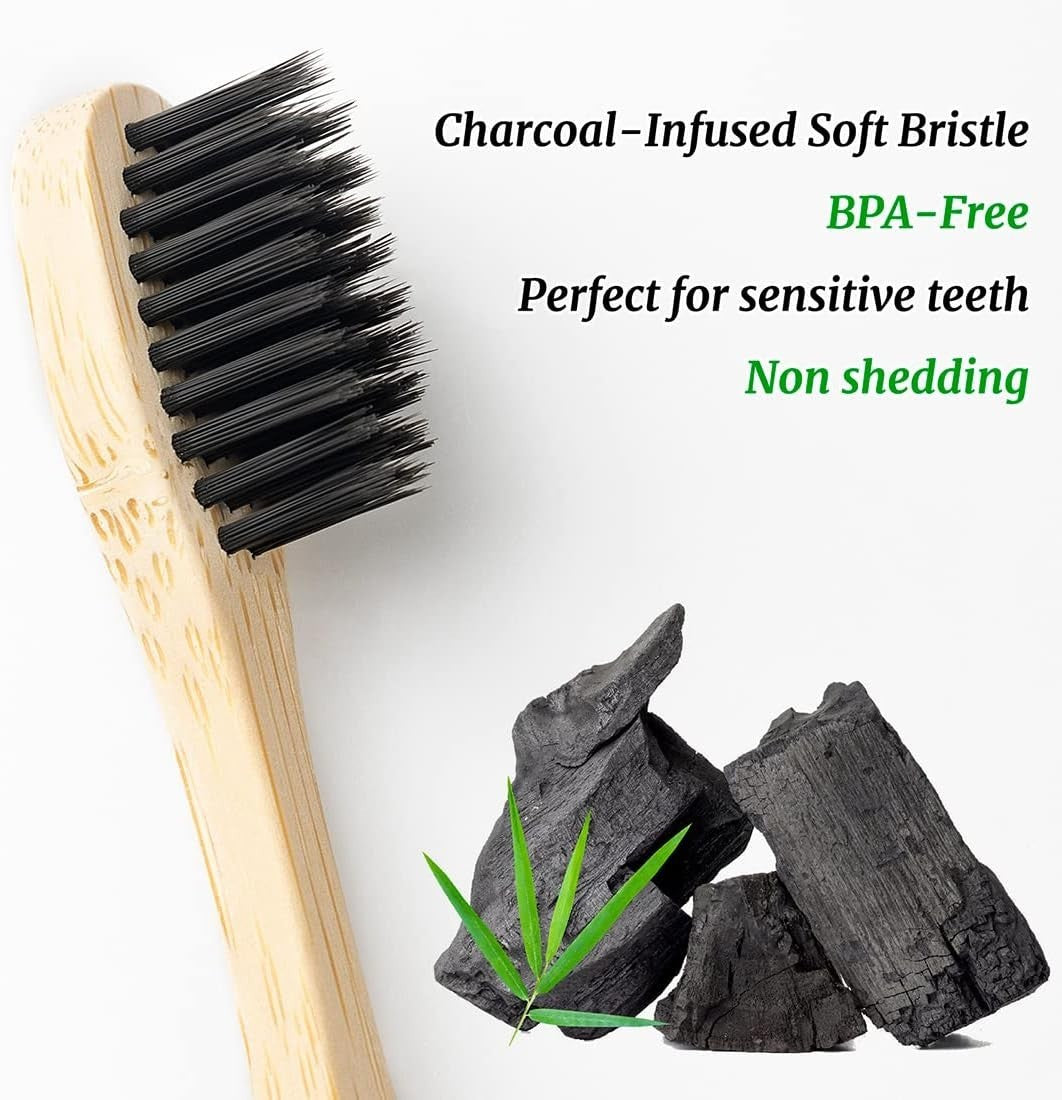 Eco-Friendly Bamboo Toothbrushes Pack of 10 with Charcoal Soft Bristles