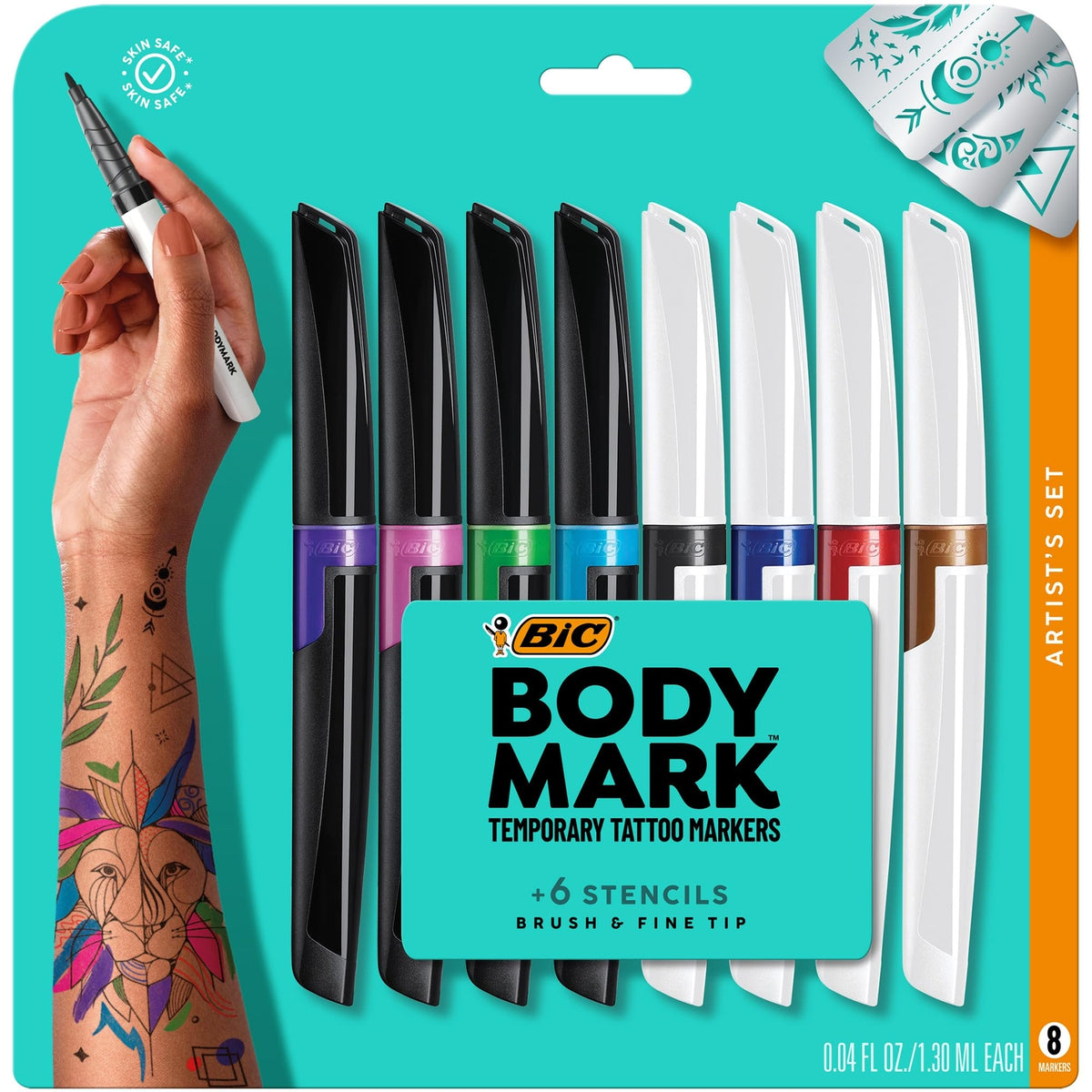 Temporary Tattoo Markers 8-Count Set with Mixed Brush Tips & Assorted Colors