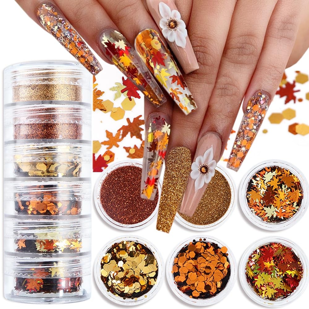 Fall Leaves Nail Art Glitter Set - 6 Boxes Gold Red Yellow Sequins for Nails