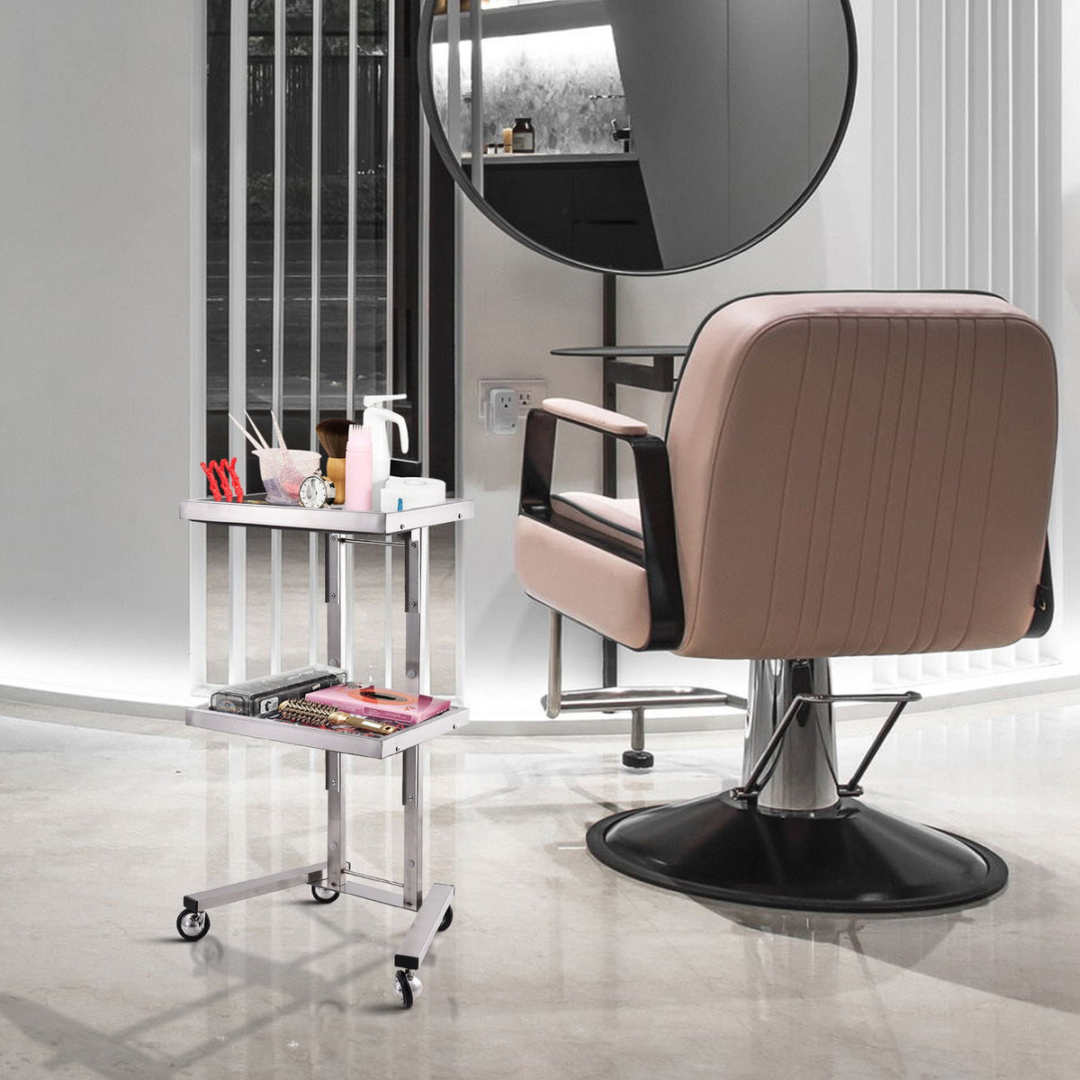 Salon Rolling Trolley Cart with Stainless Steel Frame and Lockable Wheels