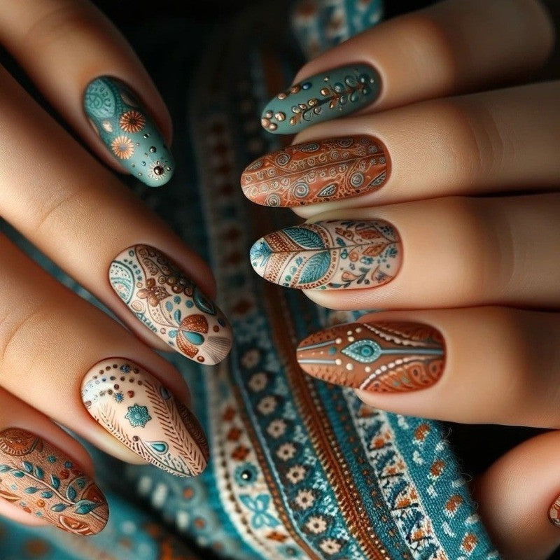 48PCS Reusable Glossy Fake Nails - Bohemian Paisley Pattern