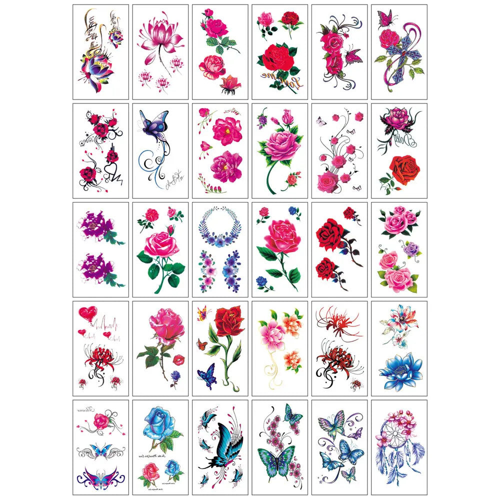 Waterproof Temporary Tattoos Set – Butterfly, Rose & Feather Stickers (Disposable)