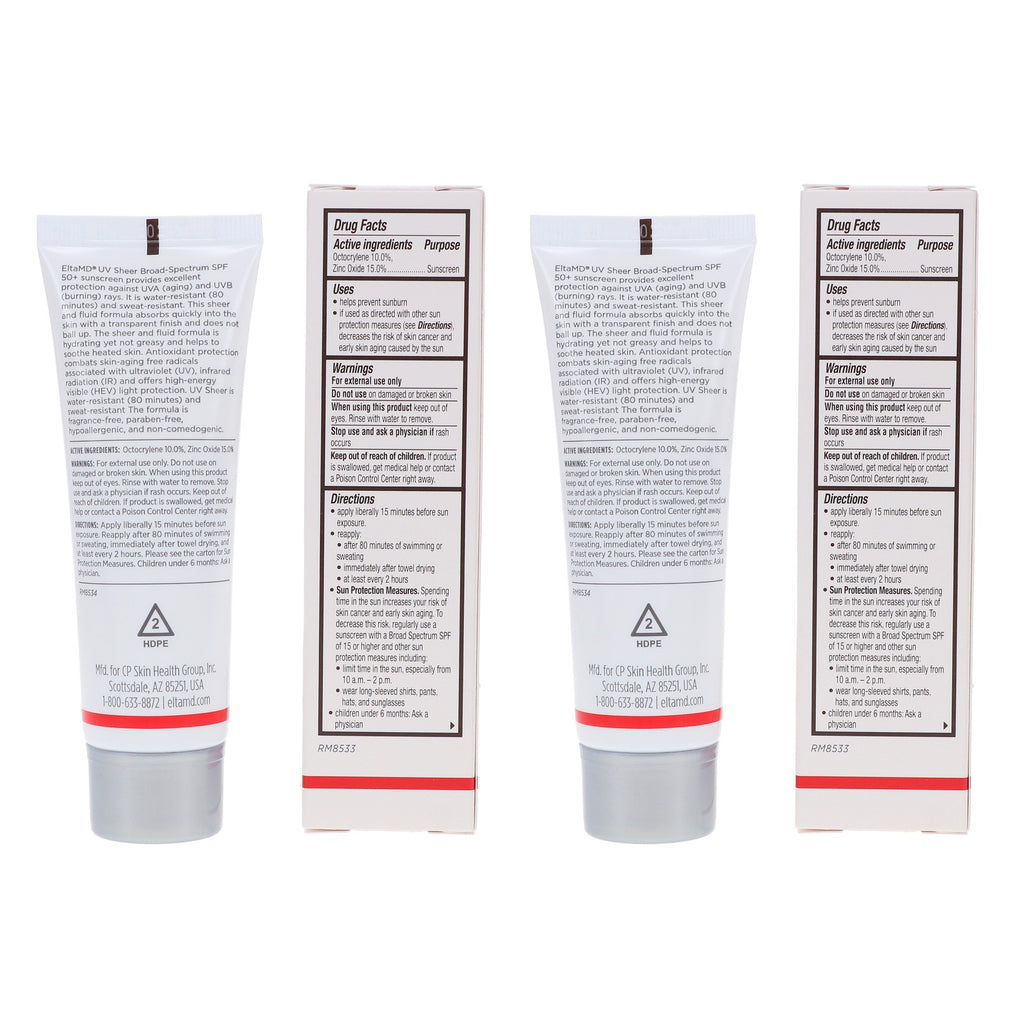 2 Pack EltaMD UV Sheer Broad Spectrum SPF 50+ Facial Sunscreen 1.7 oz