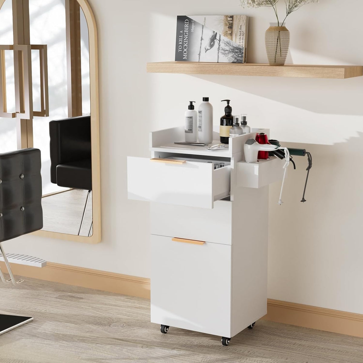 Salon Trolley Cart with Wheels, Storage Cabinet & Drawers - White Hair Cart
