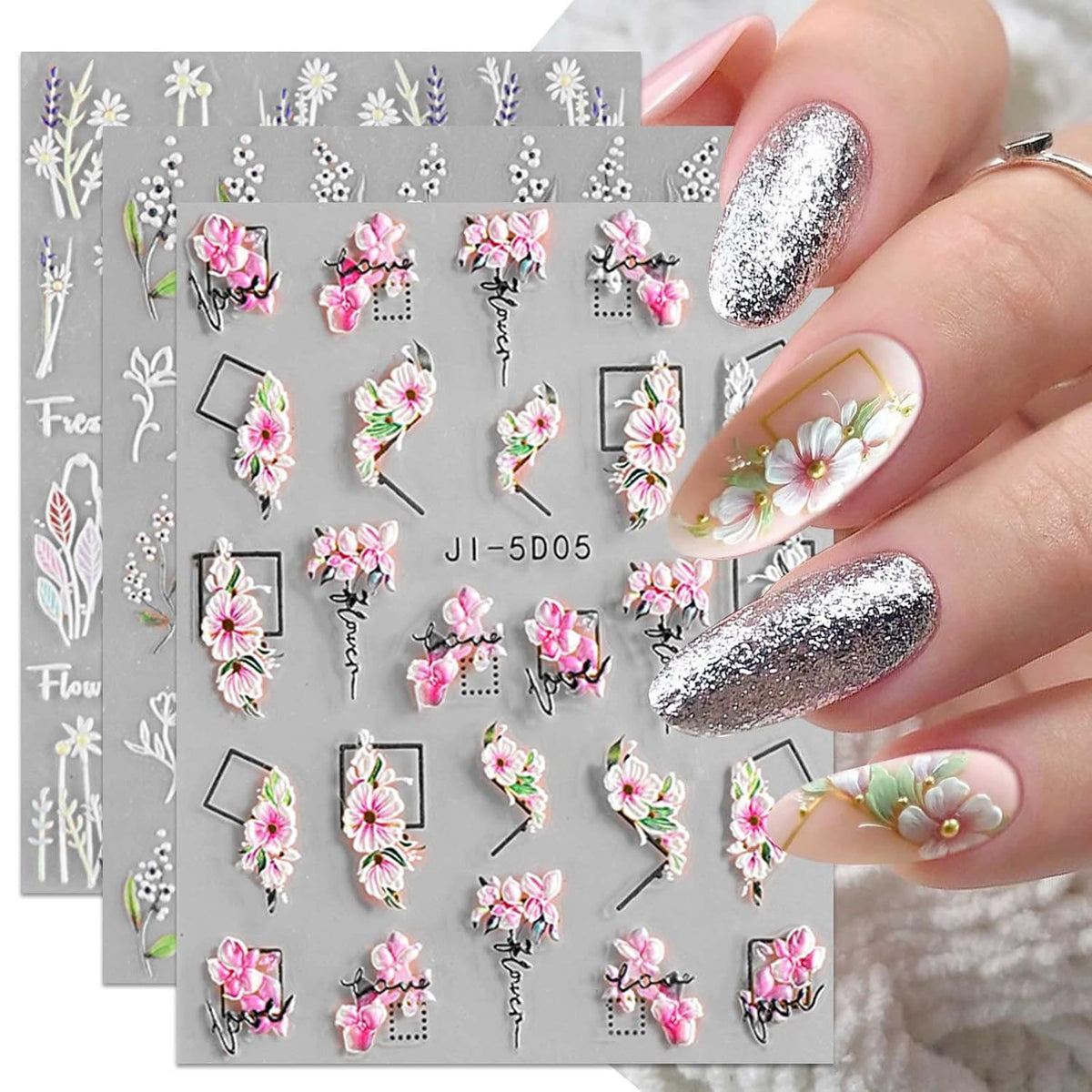 3D Flower Leaves Nail Art Stickers Decals - Self-Adhesive, 4 Sheets
