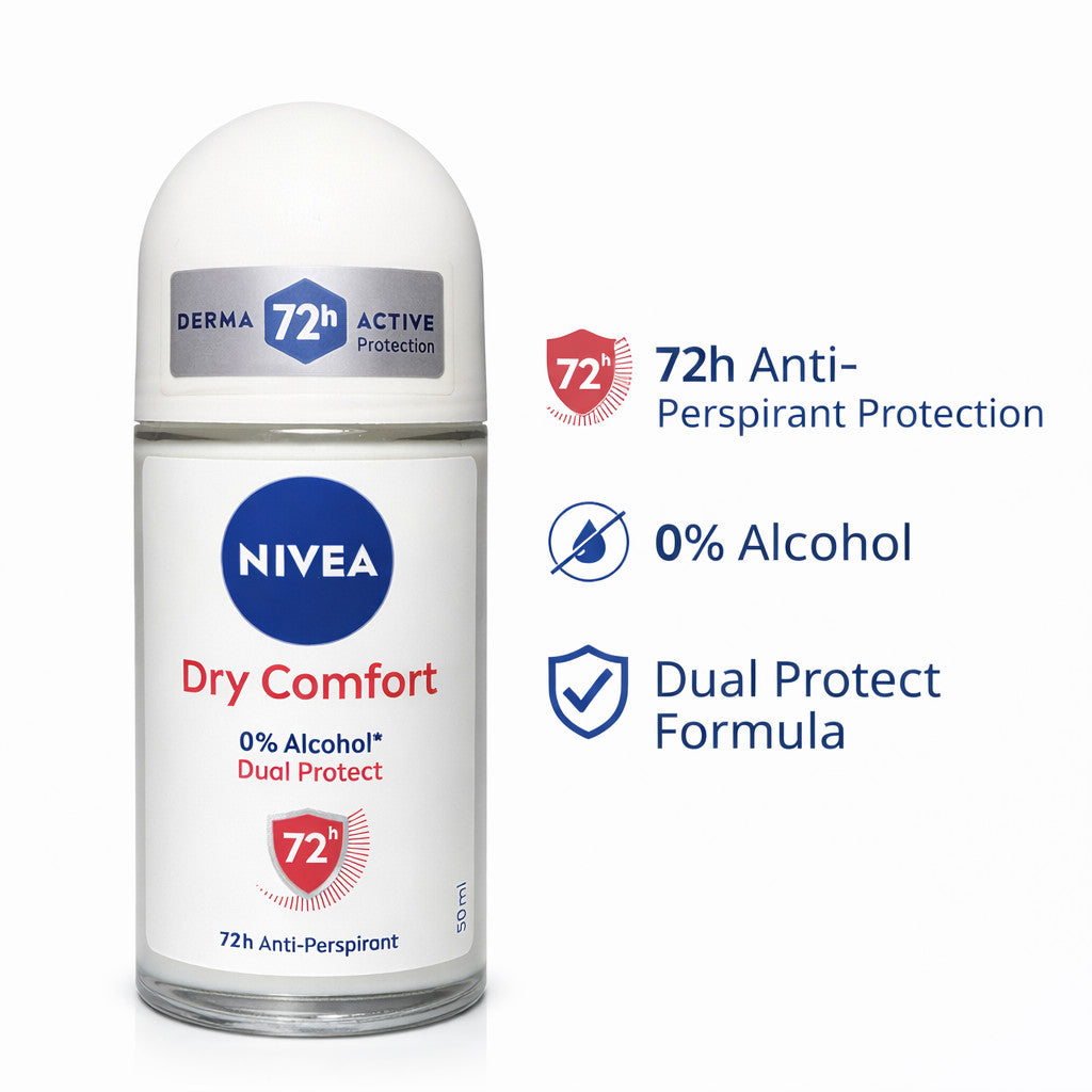 NIVEA Dry Comfort Roll-On Deodorant Pack - 72H Anti-Perspirant, Alcohol-Free, 3 x 50ml