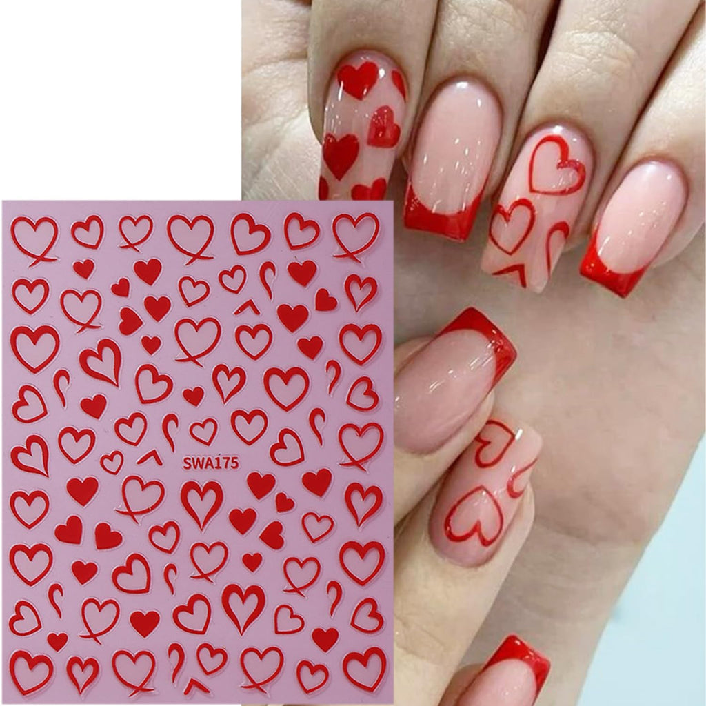 Heart Nail Stickers for Nail Art, 6 Sheets Valentine 3D Self-Adhesive Decals