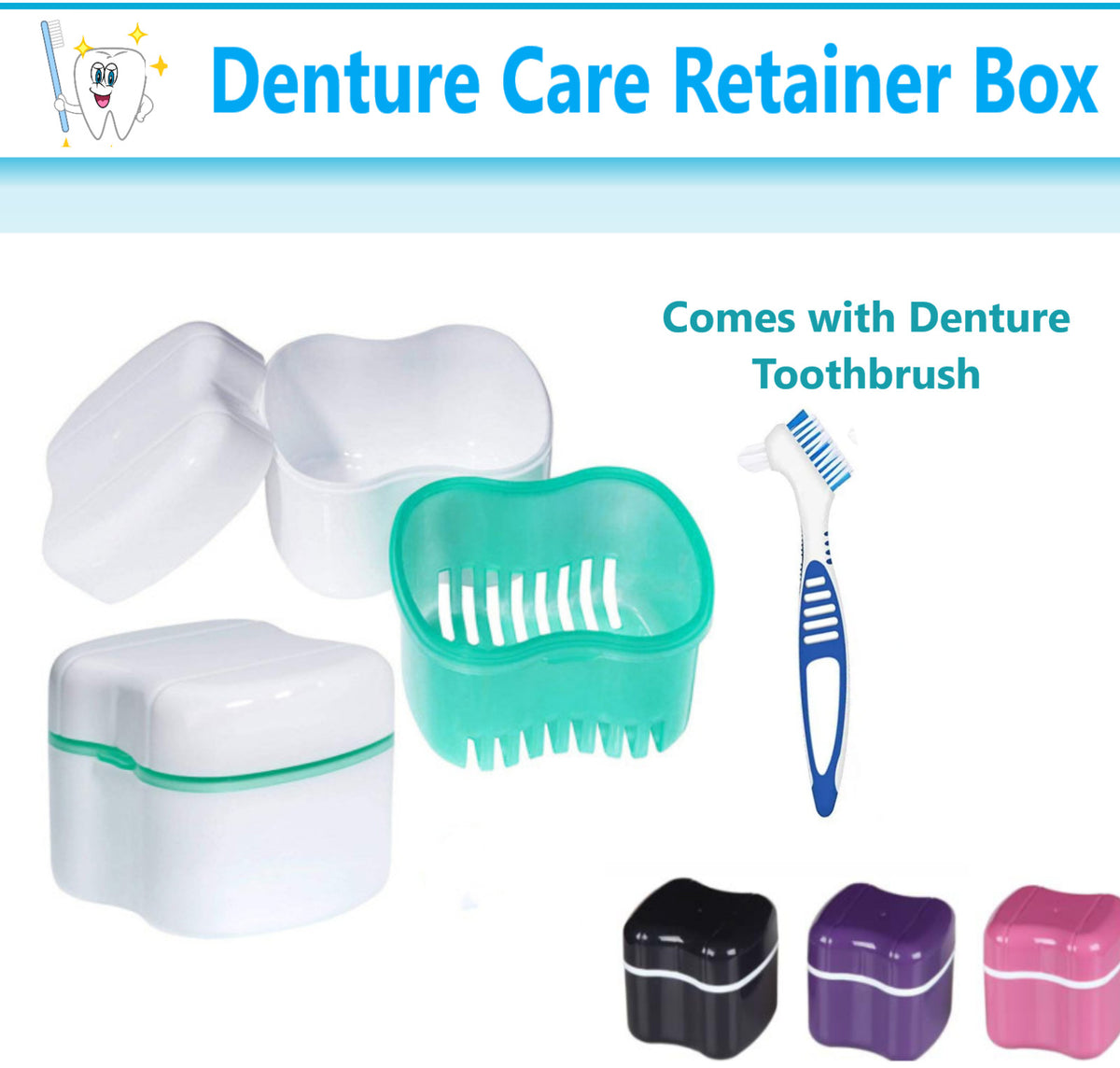 Denture Storage Box with Removable Basket & Tray Case - Multiple Colors