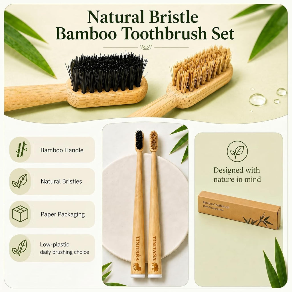 Natural Bamboo Toothbrush Sampler Set - 2 Pack (Boar & Horse Bristle)