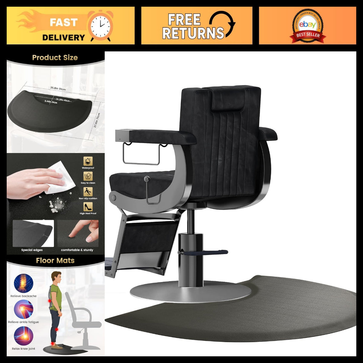 Anti-Fatigue Salon Mat 35.8x27.9 Inches Floor Cushion for Hair Styling - Black