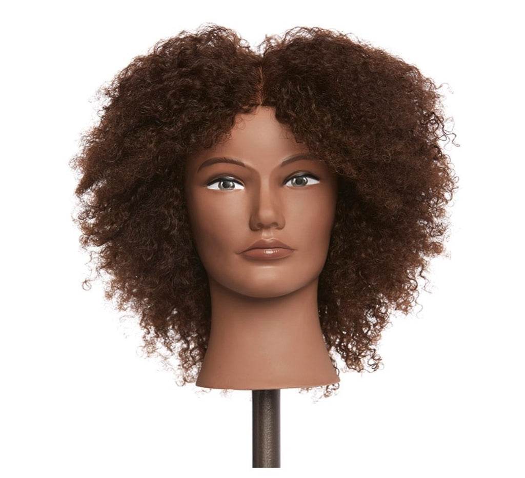 Human Hair Mannequin Head for Hair Cutting & Styling 8 Inch Dark Textured