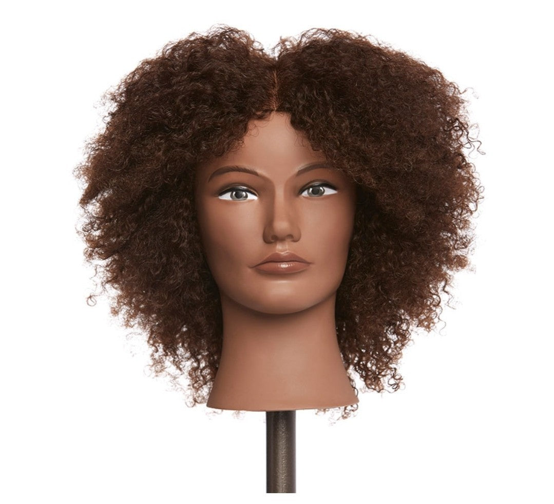 Human Hair Mannequin Head for Hair Cutting & Styling 8 Inch Dark Textured