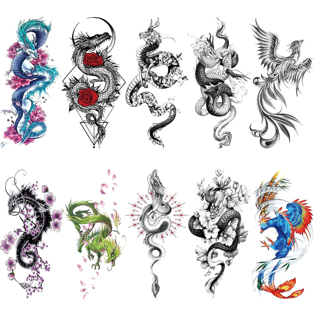 10 Sheet Realistic Chinese Floral Dragon Temporary Tattoo for Women