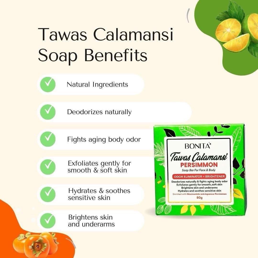 Calamansi & Persimmon Bar Soap for Face & Body - Natural Odor Control 80g x 2