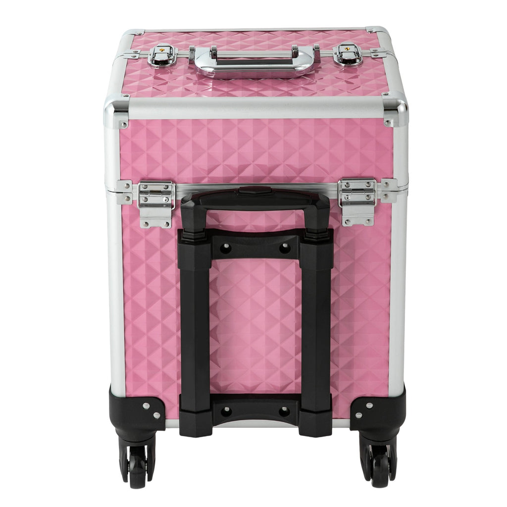 Portable Pink Makeup Train Case with Wheels - Cosmetic Storage Organizer