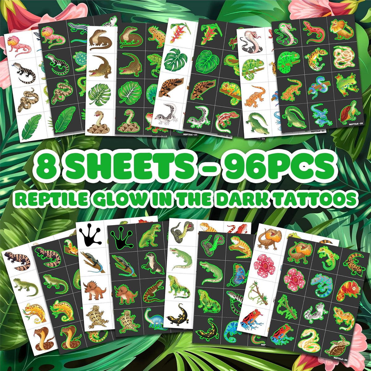 Glow in the Dark Reptile Temporary Tattoos - 96 Pcs Pre-Cut Kids & Adults