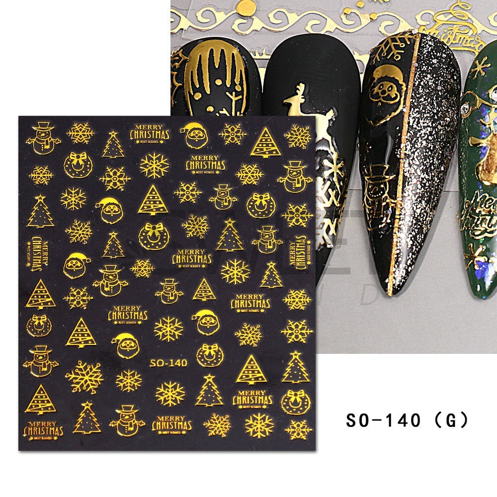 Gold Christmas Nail Stickers Wreath Snowflakes Reindeer Santa DIY Nail Art