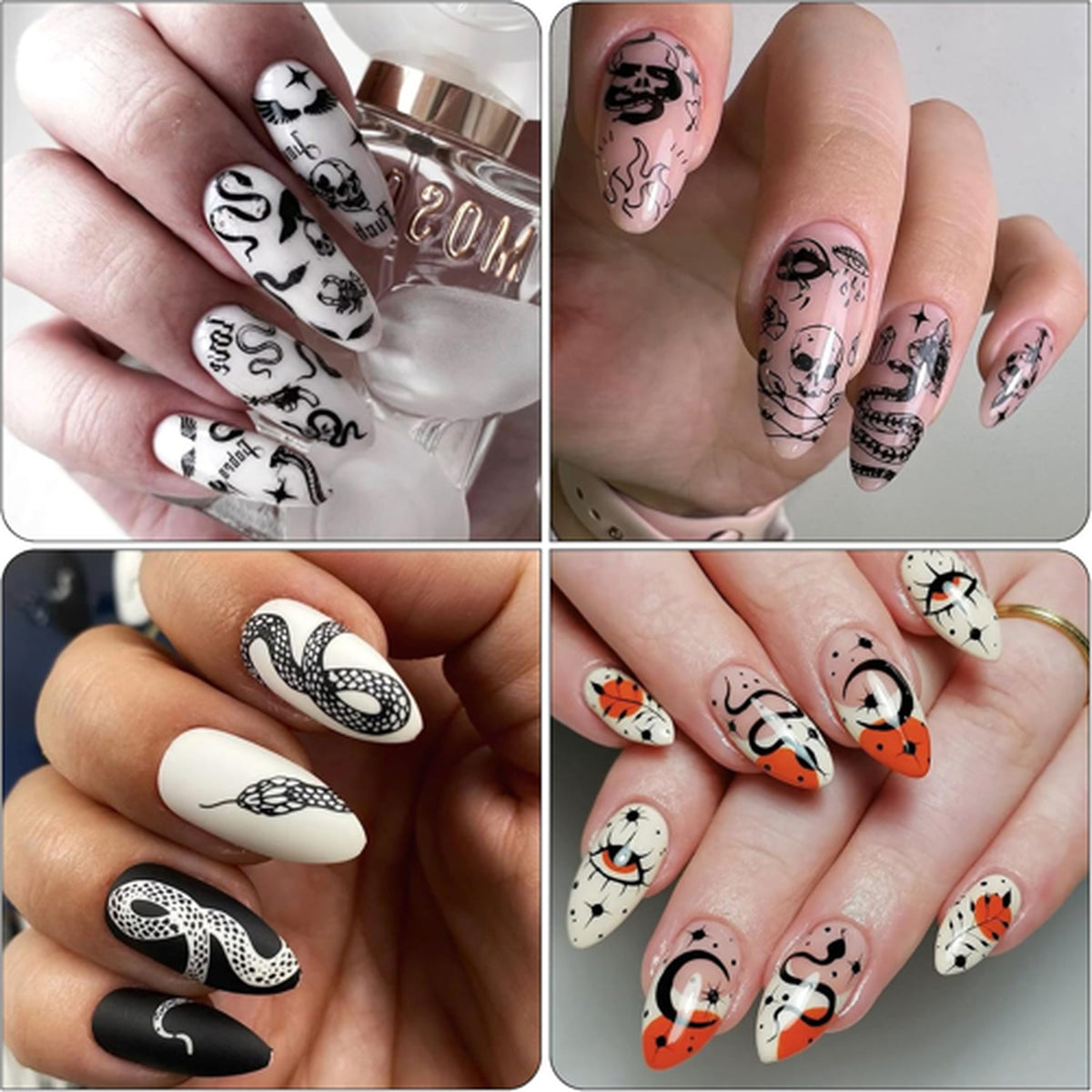 Black Gothic Snake & Skull Nail Art Stickers - Self-Adhesive 3D Decals for Edgy Manicures
