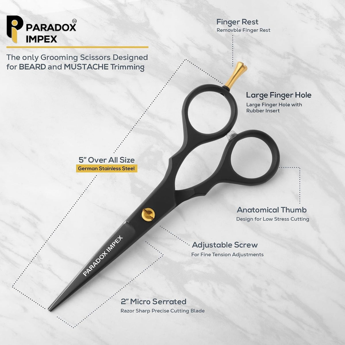 5-Inch Beard and Mustache Scissors with German Stainless Steel Blades, Pouch & Tweezers