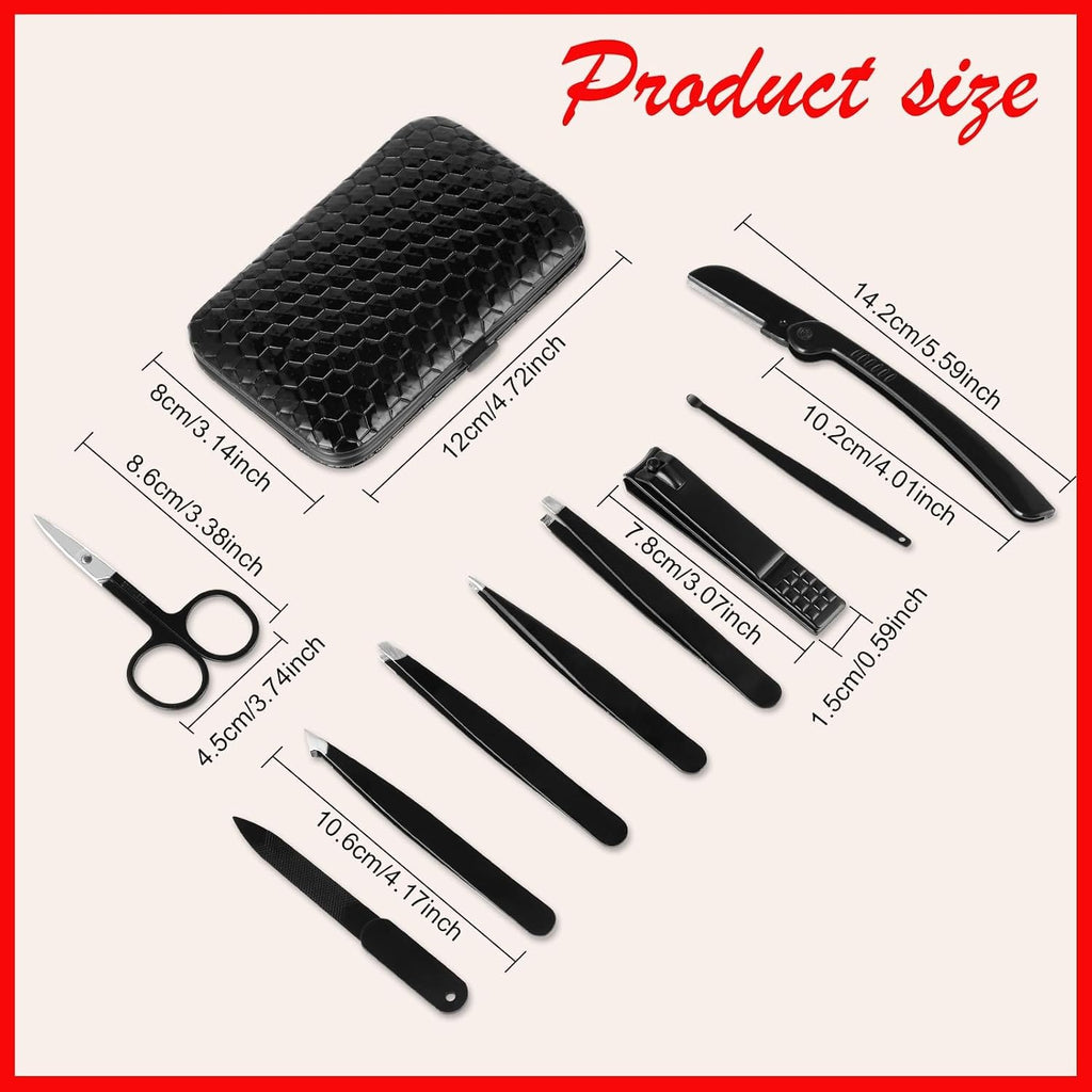 9-Piece Stainless Steel Tweezers and Nail Clippers Set with Leather Case
