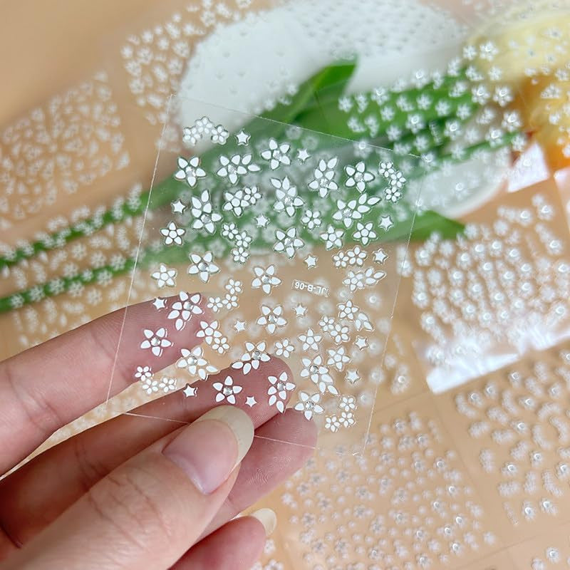 White Flower Nail Art Stickers with Rhinestones - 30 Sheets Self-Adhesive 3D Design