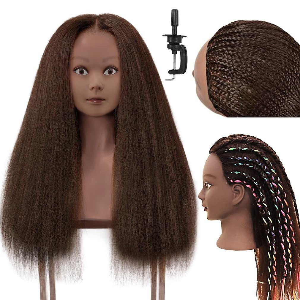 Practice Head with Dark Brown Real Hair for Cosmetology Training - 20-22 Inches