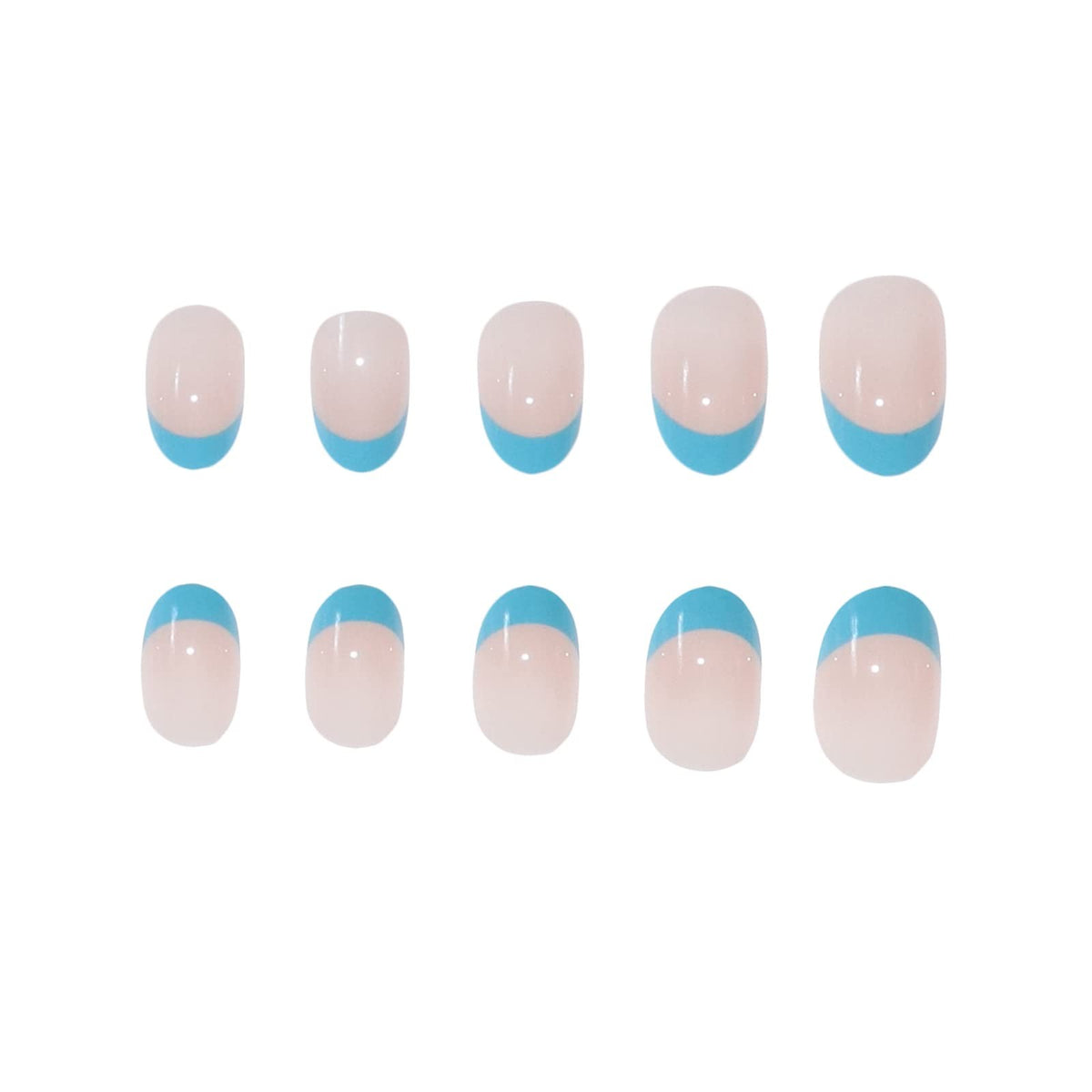 Short Blue French Tip Press-On Nails - Oval Fake Nail Set for Manicure