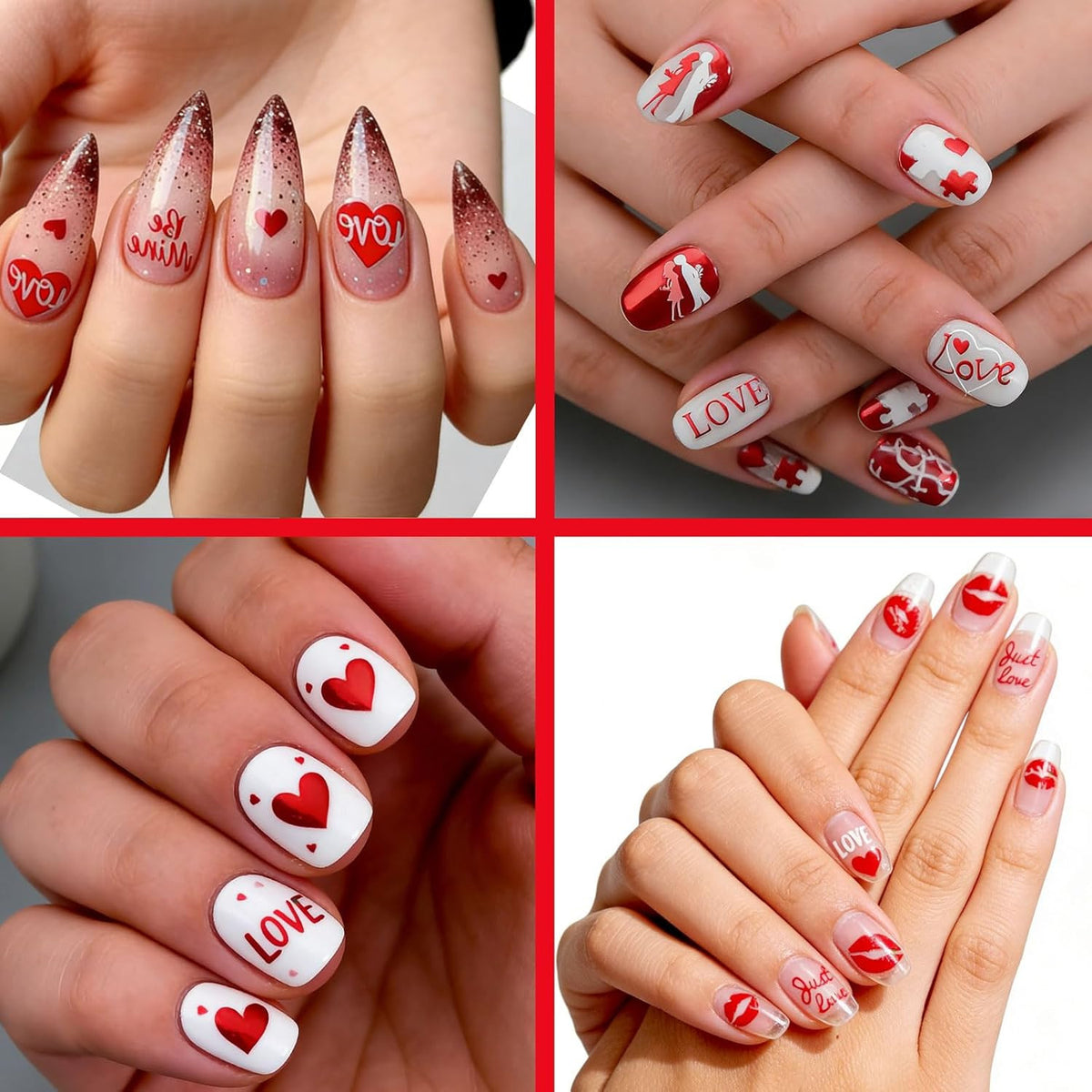 Valentine's Day Nail Stickers 3D Red Heart & Love Decals Set - Romantic Nail Art