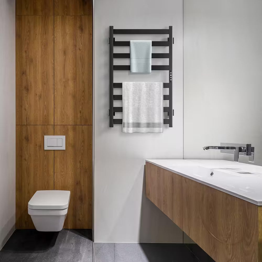 Electric Wall-Mounted Towel Warmer with 8 Bars - Black, Plug-In & Hardwired