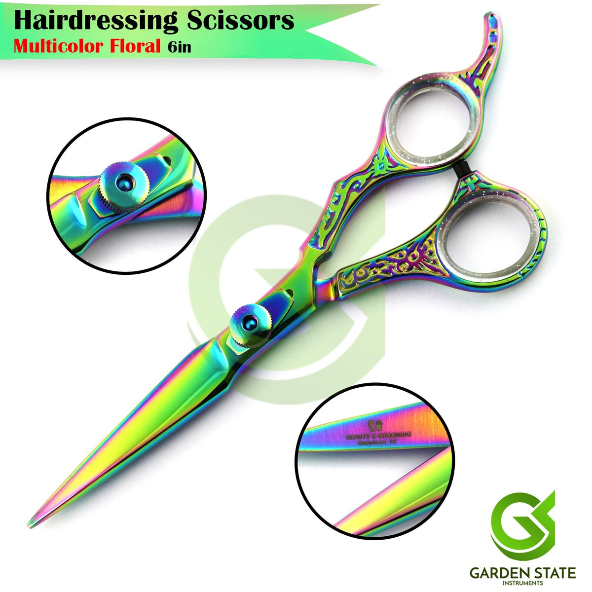 Rainbow Color Hair Cutting Shears - Offset Grip Barber Scissors with Floral Design