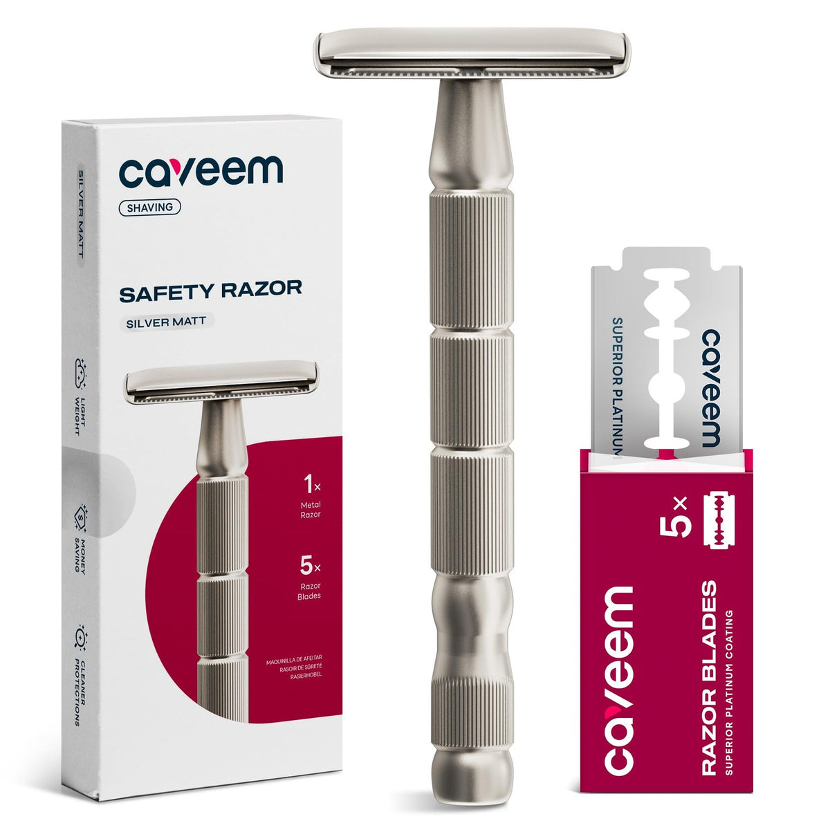 Double Edge Safety Razor with Reusable Handle and Blades - Silver Matte