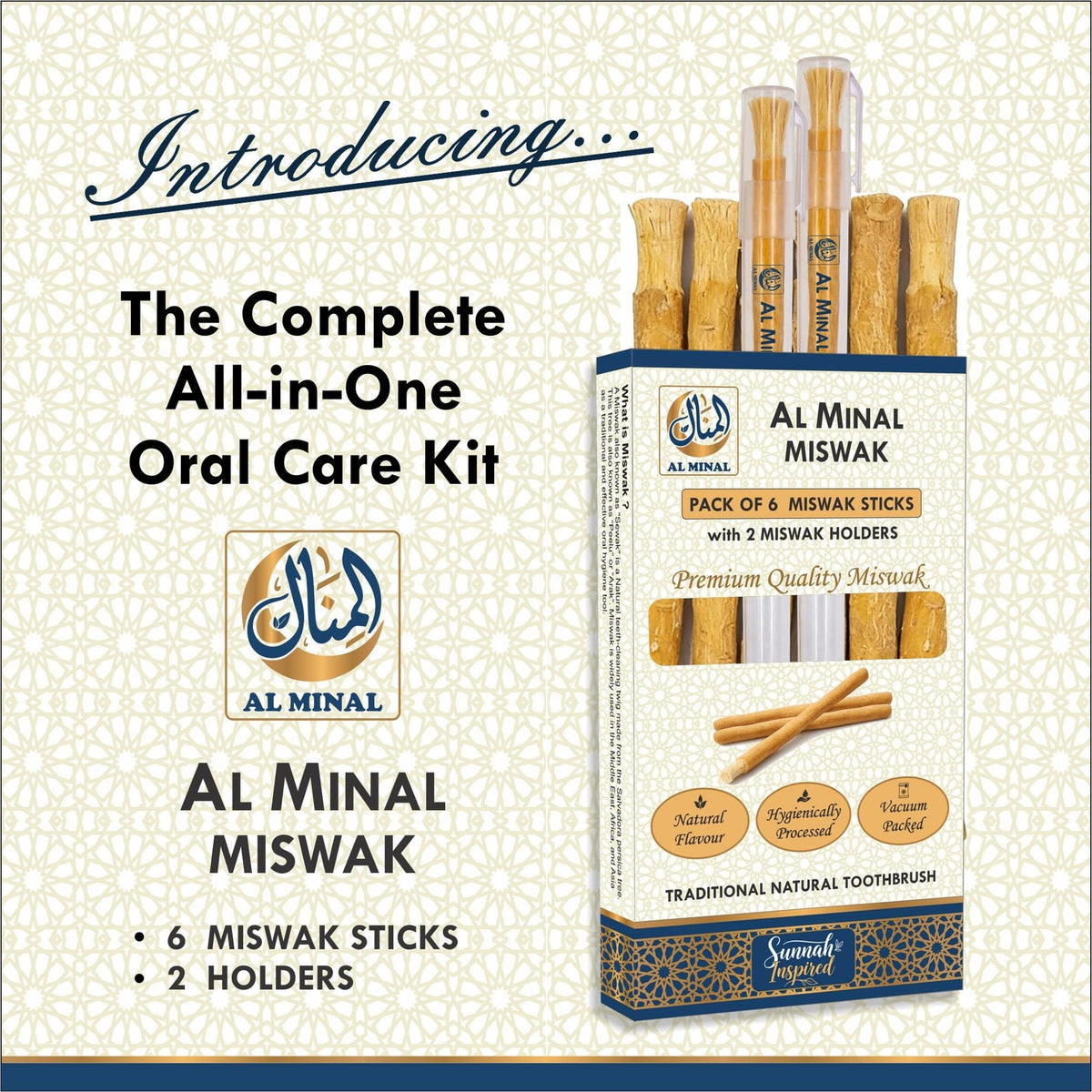 Natural Miswak Teeth Cleaning Sticks with Holders - Pack of 6