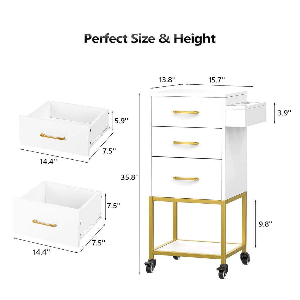 Mobile Salon Storage Cart with Wheels, 3 Drawers & Dryer Holders