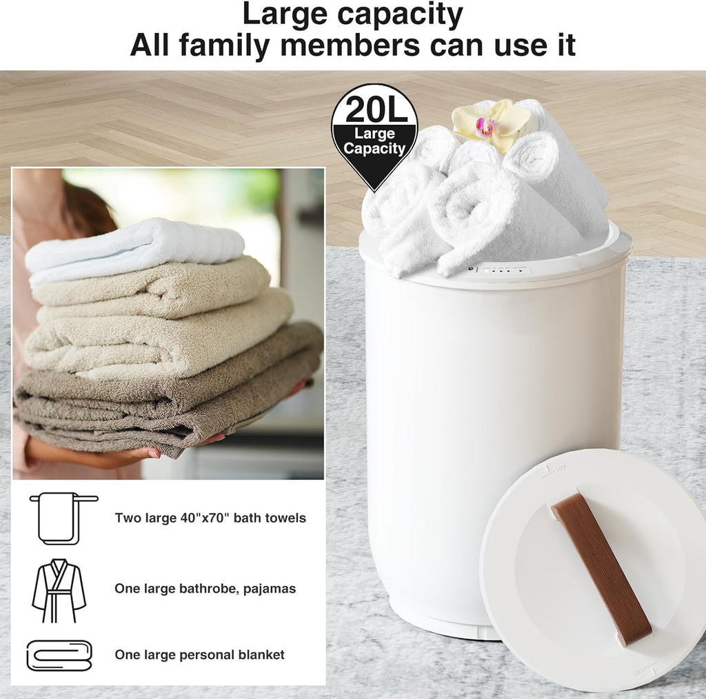 Large Heated Towel Warmer Bucket with Wooden Handle, Auto Shut-Off for Bathroom