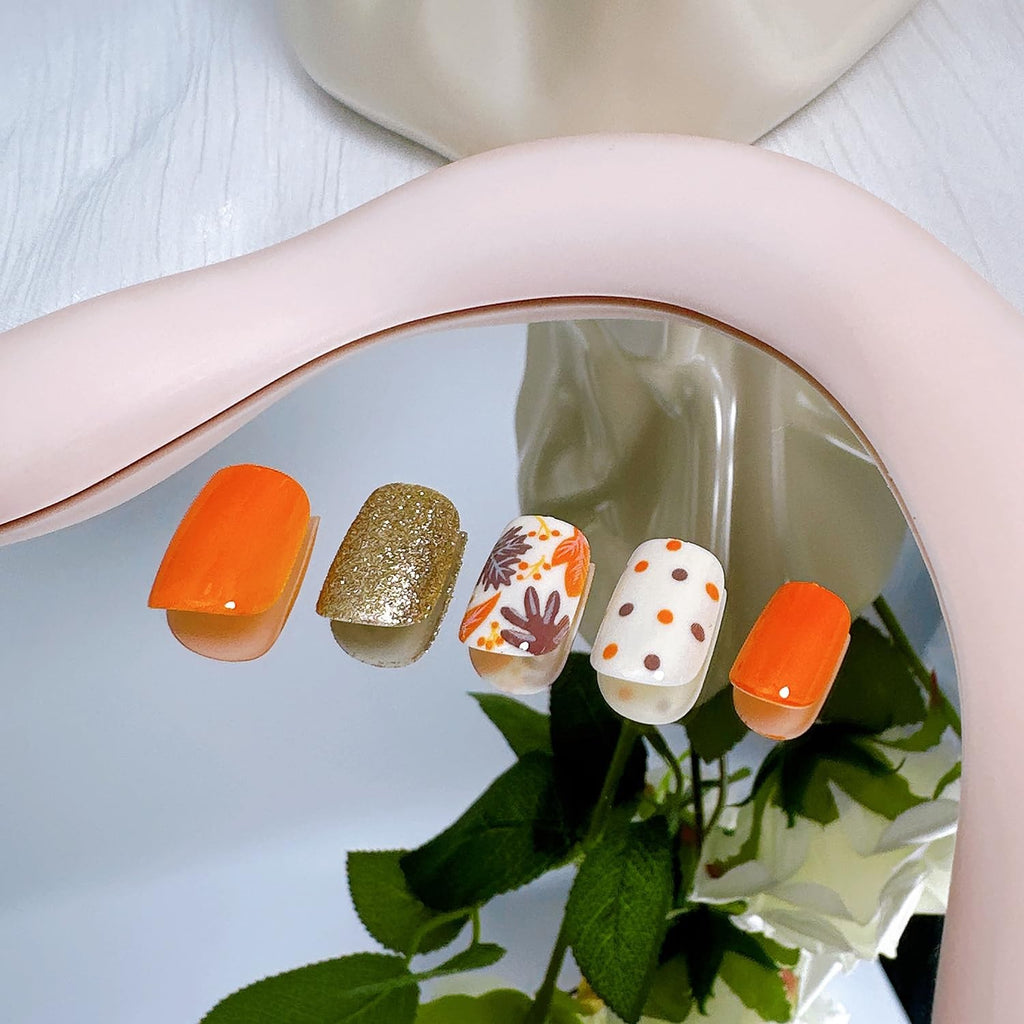 24Pcs Fall Short Square Press On Nails with Gold & Multicolor Glitter